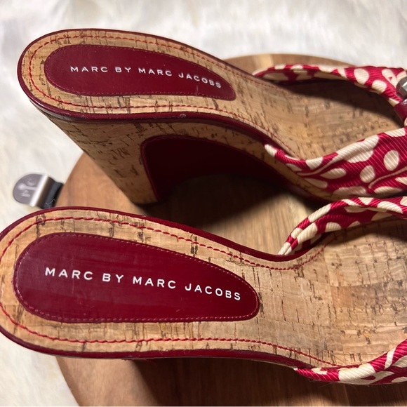 Marc by Marc Jacobs Red Floral Fabric Leather Cork Wedge Slide Sandals Size 39 - Picture 3 of 10